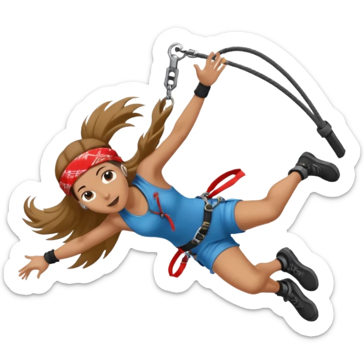bungee jumping face in action with earrings and long hair flying away and bandana sticker