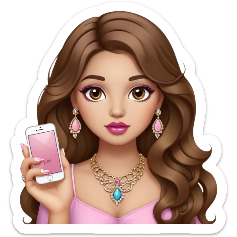 Light skinned girl, long wavy brown hair center-part with face framing pieces, big hazel eyes, lots of jewelry, trendy cute top, prominent blush, sassy, big lips, makeup, fancy long acrylic nails done, holding makeup. She is curvy sticker