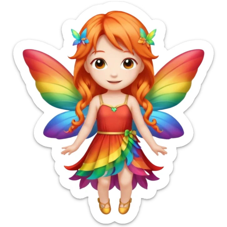 fairy with long orange hair, rainbow wings, red dress, happy, chibi full body sticker
