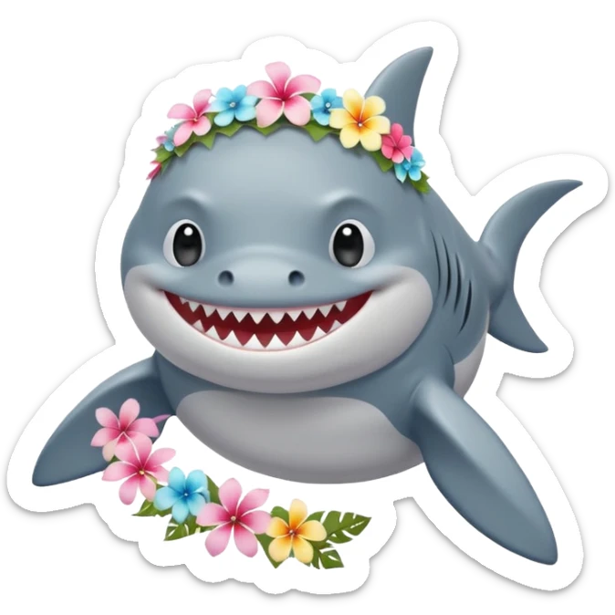 A cute chubby shark with hawaii pastel flower necklace and hawaiian flower crown, posing proudly. sticker
