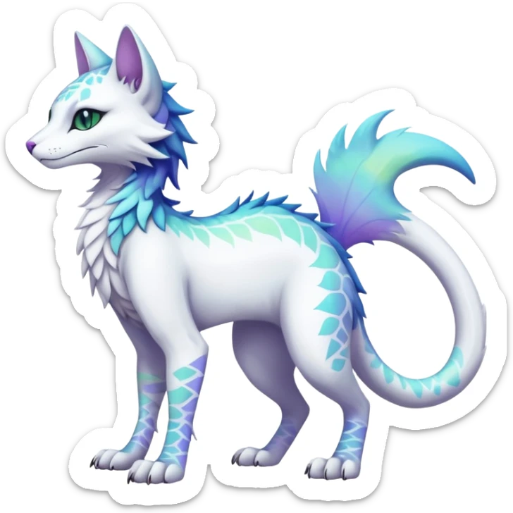 Kawaii white iridescent edgy fantasy feline-vernid-sergal-fursona animal creature with a tufted tail full body with intricate markings  sticker