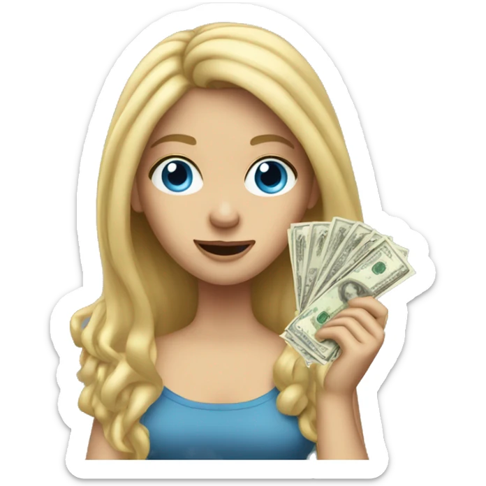 blonde girl long hair blue eyes holding money throwing money  sticker