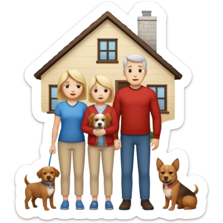 a mom and dad standing in front of a house with their son and a dog next to them (1 dog) and 1 SON not daughter the son should be very short sticker