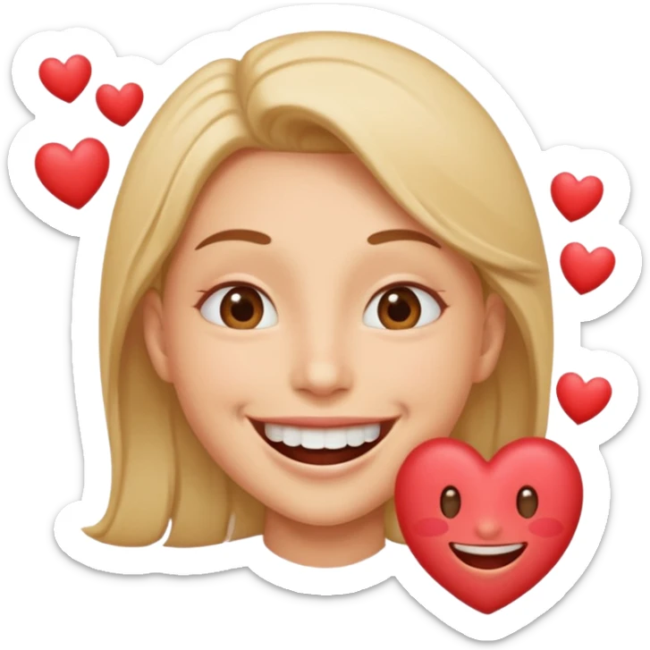 Una cara con una sonrisa tan amplia que la mitad inferior parece salirse del círculo del emoji. Se puede añadir un efecto de "espray" de pequeñas partículas de alegría (como mini-corazones o destellos) que salen de la boca. sticker