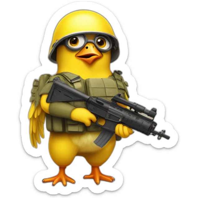 Un poussin jaune avec un casque militaire et une arme a feu minion sticker