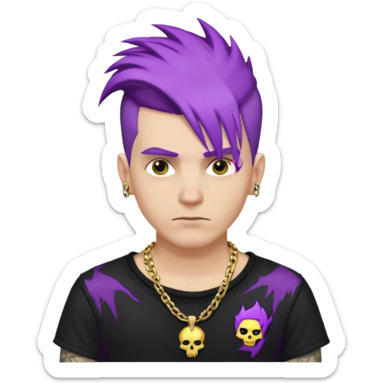 make a iphone emoji who is a white man that looks punk with purple punkk hair, with a black punk shirt and a golden neckless sticker