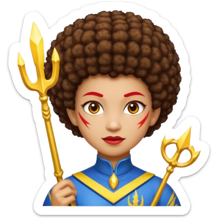 Emoji metisse femboy mais plus masculin avec drapeau ukrainien arriere plan, un afro, sourcils rouge, fourche trident, et eclairs et sur fond bleu clair irrisé. Peau lightskin, yeux marron et cheveux marron bouclés mais en mode afro pixi cut sticker