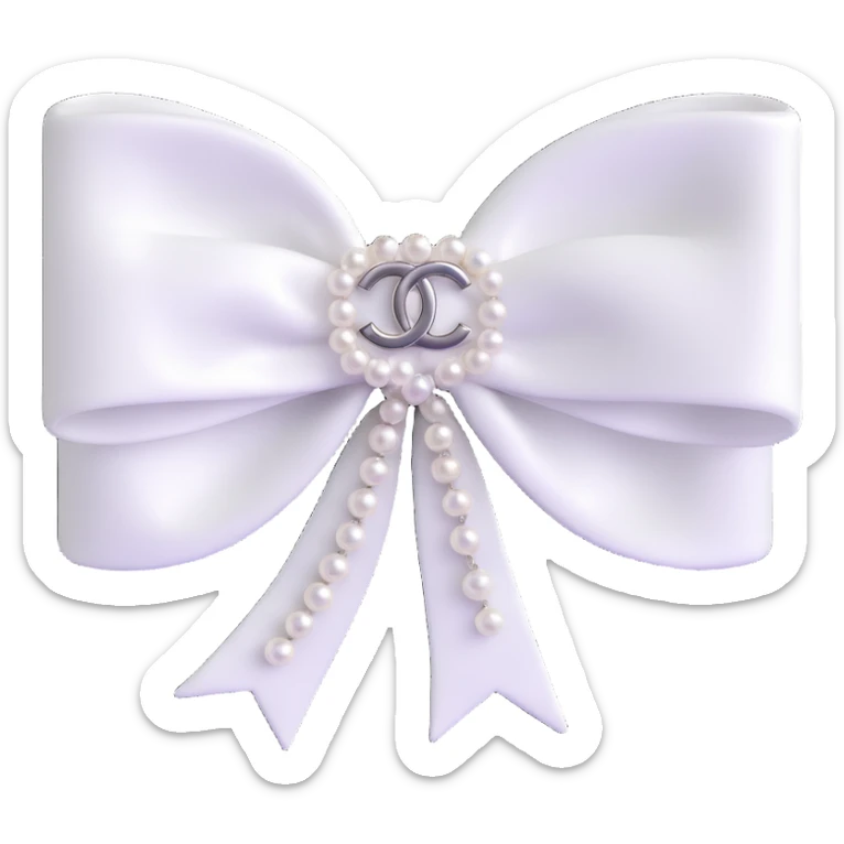 elegant white velvet bow with pearls and silver Chanel logo, glossy, black and white, 3D emoji style sticker