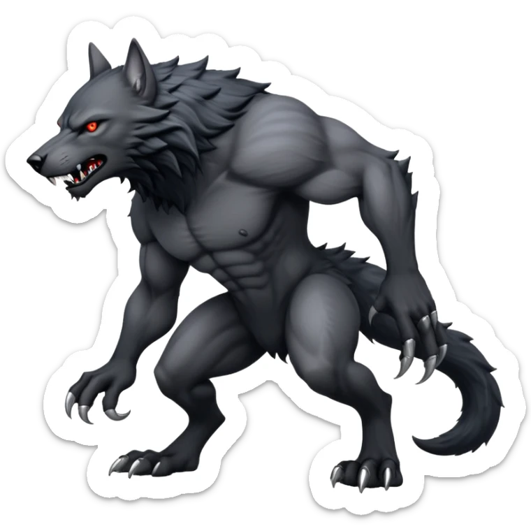 cinematic-noble-fierce-werewolf-full body on all fours-emoji, poised-and-imposing, with a tall, lean, and muscular wolfish frame inspired by the brutal, imposing shape of the beast from Berserk, fur rippling in shades of midnight black and silver, massive paws with razor-sharp claws, elongated limbs and fangs, eyes glowing with an intense, primal ferocity, reflecting the untamed power of the wild moonlit night; rendered with realism like a wolf hunched over sticker
