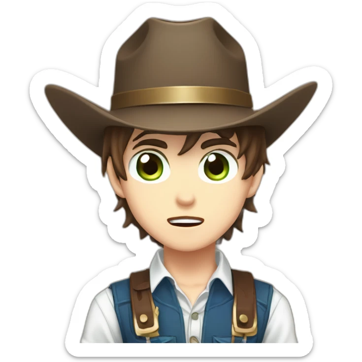 Young male cowboy with brown hair and one brown eye and one green eye, wearing a white shirt, a blue vest, and a brown cowboy hat, anime chibi style, surprised, mouth open sticker