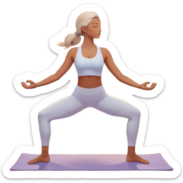 A peaceful person practicing yoga on a calm beach at sunrise, in a serene meditative pose. Soft pastel colors surround the scene, with gentle waves in the background and smooth, flowing lines representing balance and tranquility. The atmosphere feels centered and mindful. sticker