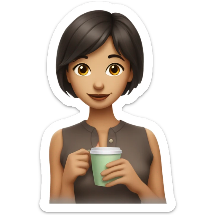 clean girl dark brown hair with a cute bang drink coffee sticker