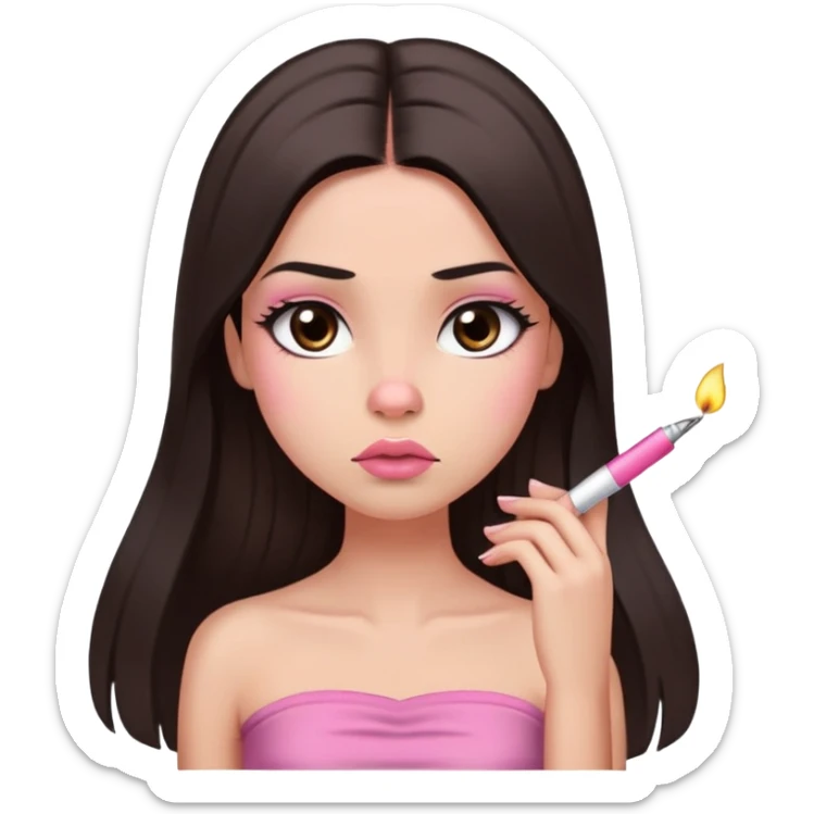 girl with lighter skin, dark brown long straight hair, pouty shiny lips without cupid's bow, large eyes, lighter button nose, long oval-shaped face, wearing a pink bandeau top with straight neckline, looking directly at camera with hands down at sides sticker