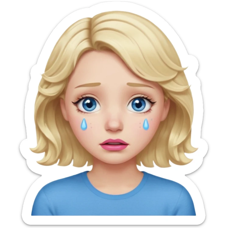 Girl Blonde short wavy hair,  blue eyes, cute blue top, long lashes, pink lips,crying with tears running down the face  sticker