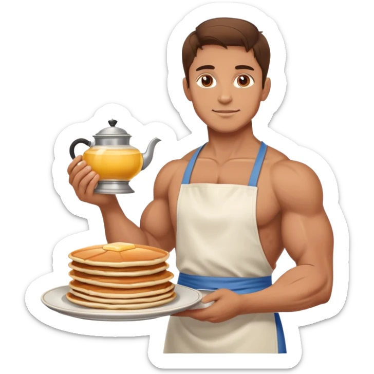a big pumped-up guy with brown hair in an apron and with a plate of pancakes in one hand and a samovar in the other sticker