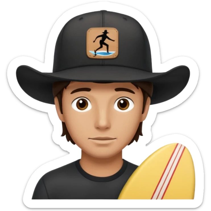 Male brunette movie producer black baseball hat with surfing cowboys written on hat  sticker