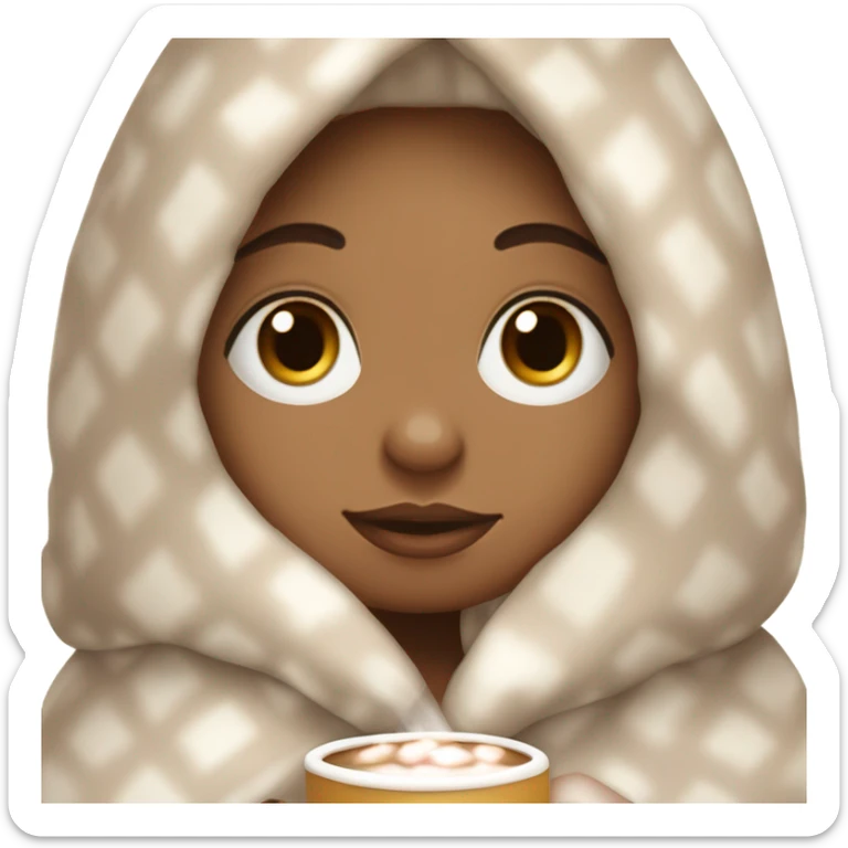 Light skin girl with curly hair under our blanket, sipping hot cocoa with marshmallows, cuddled around the blanket, long curly hair, long, medium lashes sticker