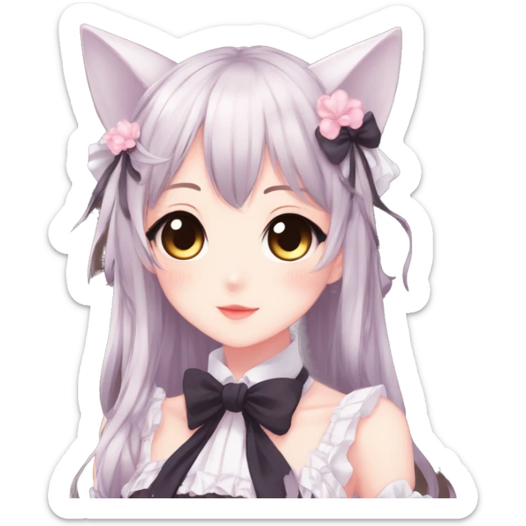 Gorgeous anime style catgirl with blushing face with maid outfit bow tie idol model kawaiicore pearly petite simplistic aesthetic trending style sticker