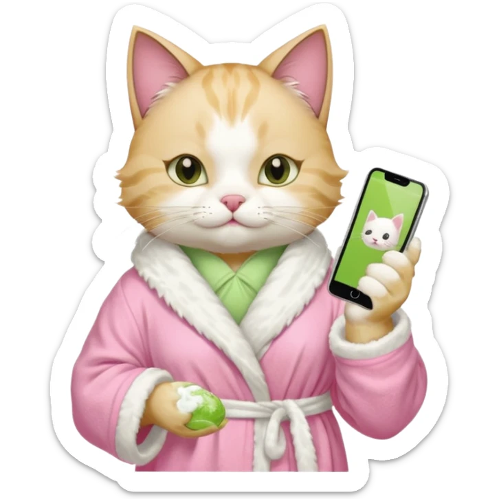 I want a CAT whit a iced macha on her paw and i want her to ne wearing a pink bath rope And she will have a face mask on her face and phone on the opisite paw whit the macha sticker