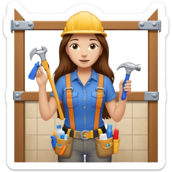 beautiful girl with long brown hair constructing new bathroom area with new shower and amenities  sticker
