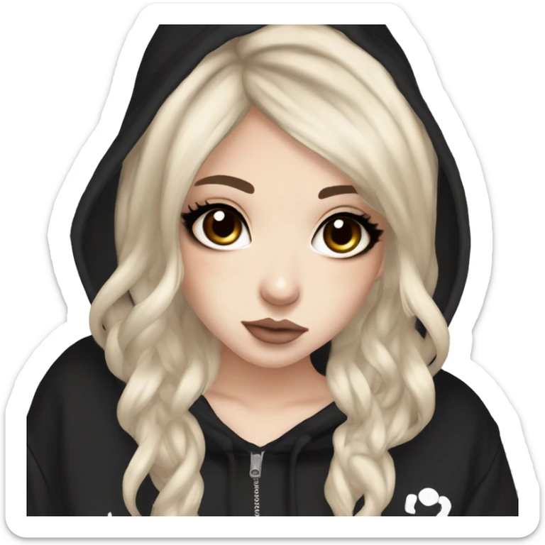 hime gyaru girl, tattoos, pale skin with medium brown and black hair, dark makeup, black hoodie sticker