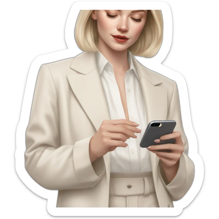 pale skin woman with ash blonde Straightened bob Hair, White Spacious classical jacket, beige palazzo Arrow pants and gray blouse holding white IPhone 15 pro in the hands sticker