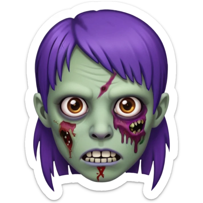 Quero uma zumbi com franja vegana piercing na sombrancelha no lado esquerdo e na boca e no nariz no lado direito cabelo castanho/preto com mechas roxas sticker