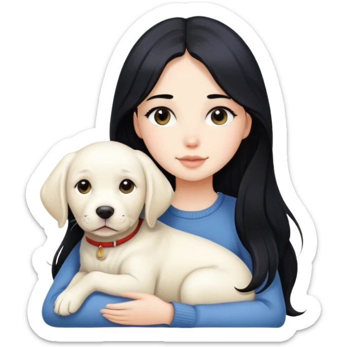 A beautiful girl with long black hair and fair skin is holding a white Labrador sticker