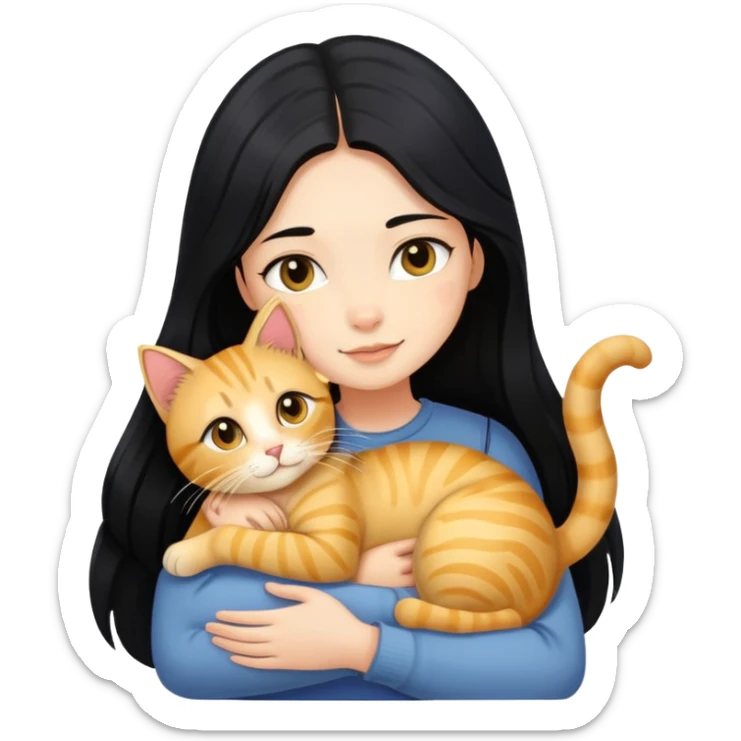 A girl with long black hair hugs a golden tabby cat sticker