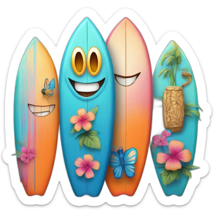 A surfboard Cartoon Blue and orange tiki smiling with butterfly and and Cartoon Blue and pink tiki singing with butterfly and mikrophone sticker