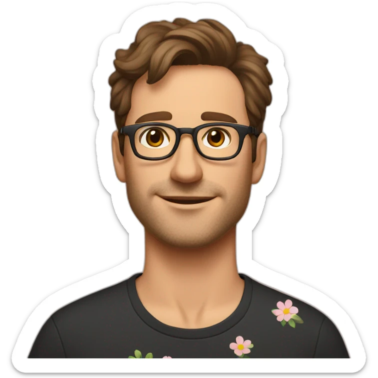 german guy with short brown hair up unshaved wearing glasses and dark t-shirt with flowers print sticker