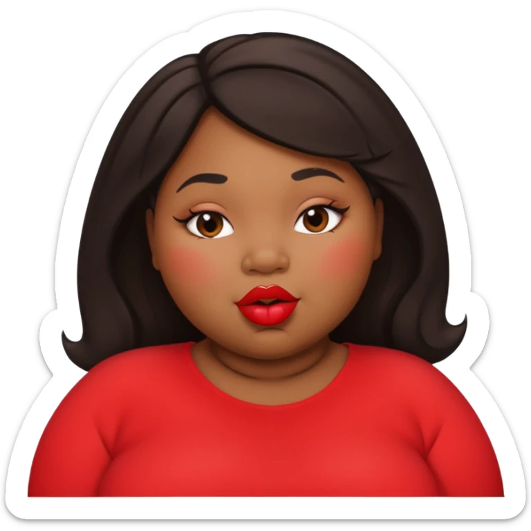 Create an emoji of a fat black woman with chubby cheeks with blushing red lipstick posing as if she were kissing sticker