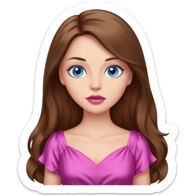 A woman has beige skin, long brown hair, blue eyes, plumb lips, she wears pink dress  sticker