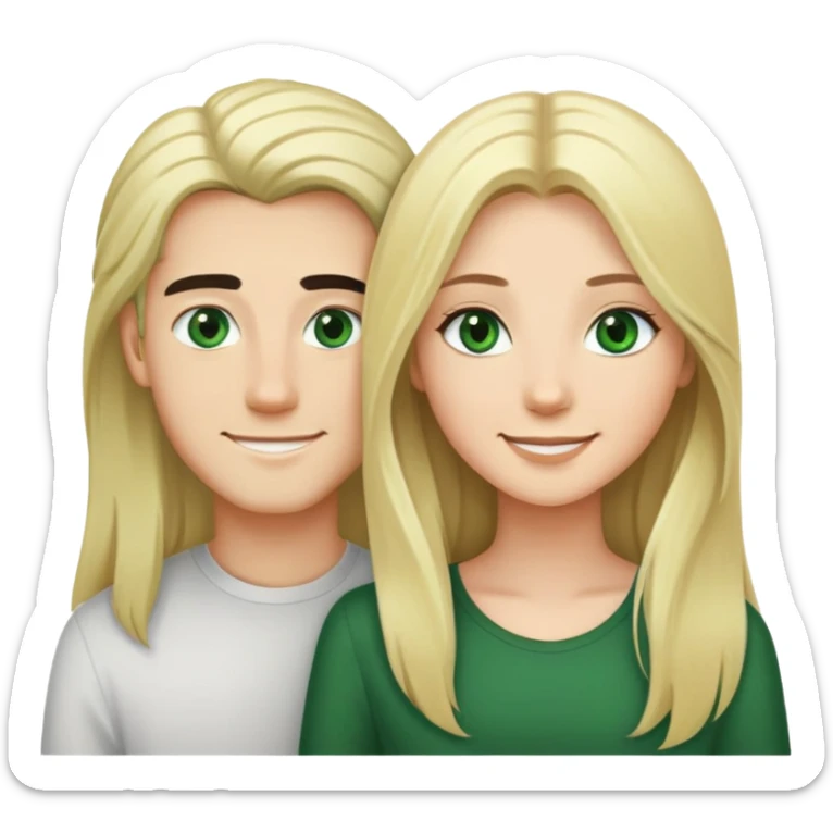 Smiling couple of blonde girl with long hair green eyes and boy with black hair and green eyes sticker