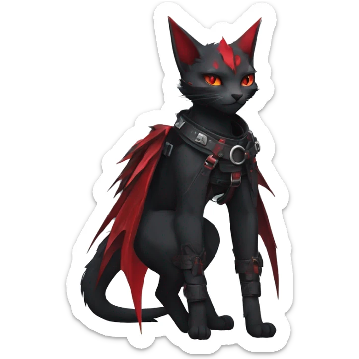 Anthro cool cute edgy elegant pretty black punk techwear red fantasy nargacuga-bat-cat-Fakemon collar harness warrior full body sticker