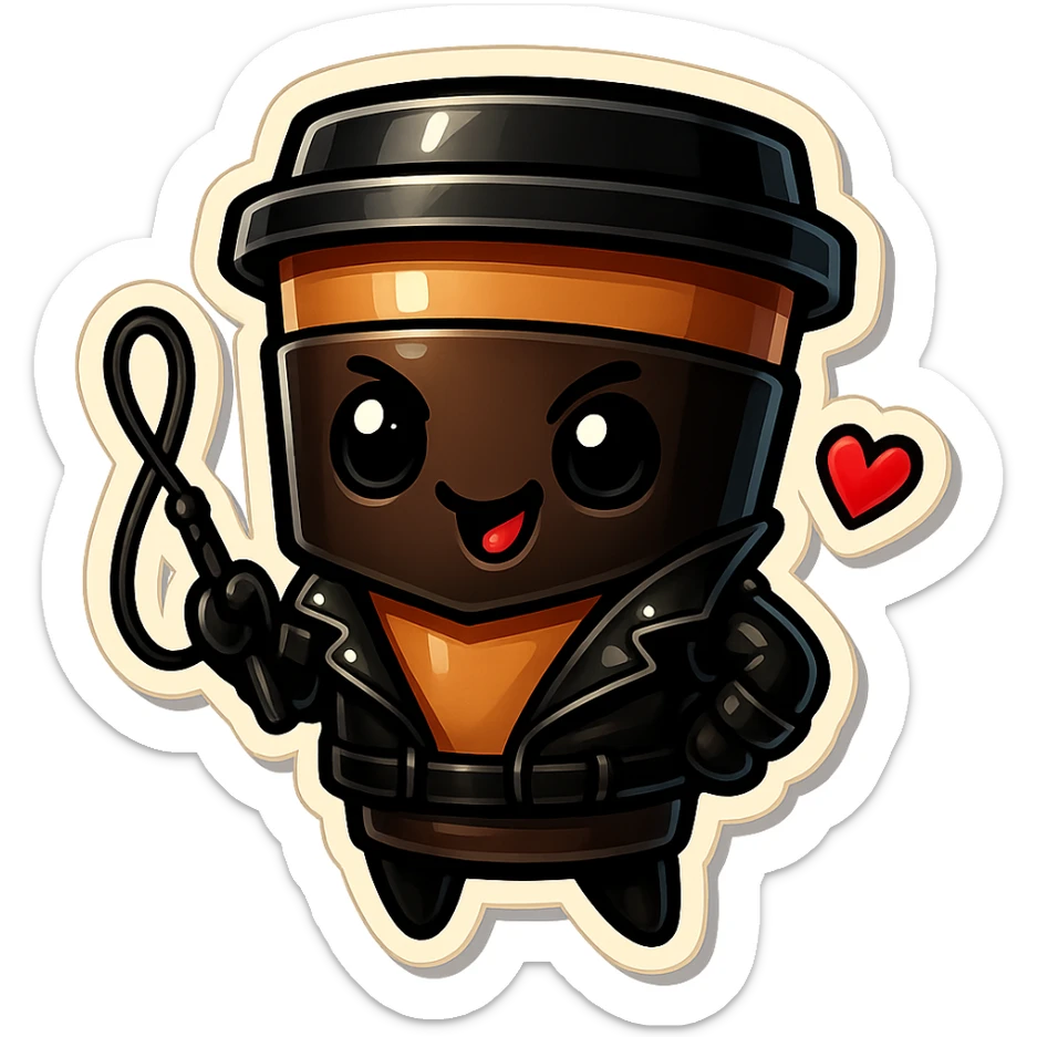 Tall coffee cup, dressed in leather holding a whipping crop, mischevious, heart sticker