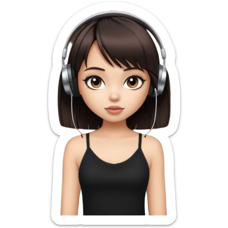 generate a pretty bratz girl in black cami top, dark brown straight bob hair with bangs, eyeliner on, listeninh to music sticker