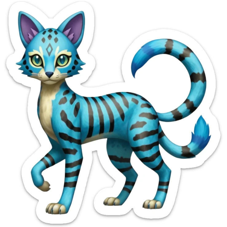 Colorful Meloetta-Sergal-Bastet-Genet-Pokémon-Digimon-Fakémon-fusion-hybrid-creature with Cyan stripes and blue leopard-spot-markings  sticker