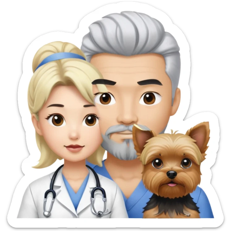 Blonde nurse with a black pointy hair full goatee and muscular hot asain Korean man with one silver hair yorkie.  sticker