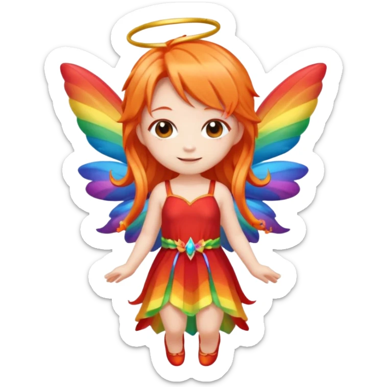 fairy with long orange hair, rainbow wings, red dress, happy, chibi full body sticker