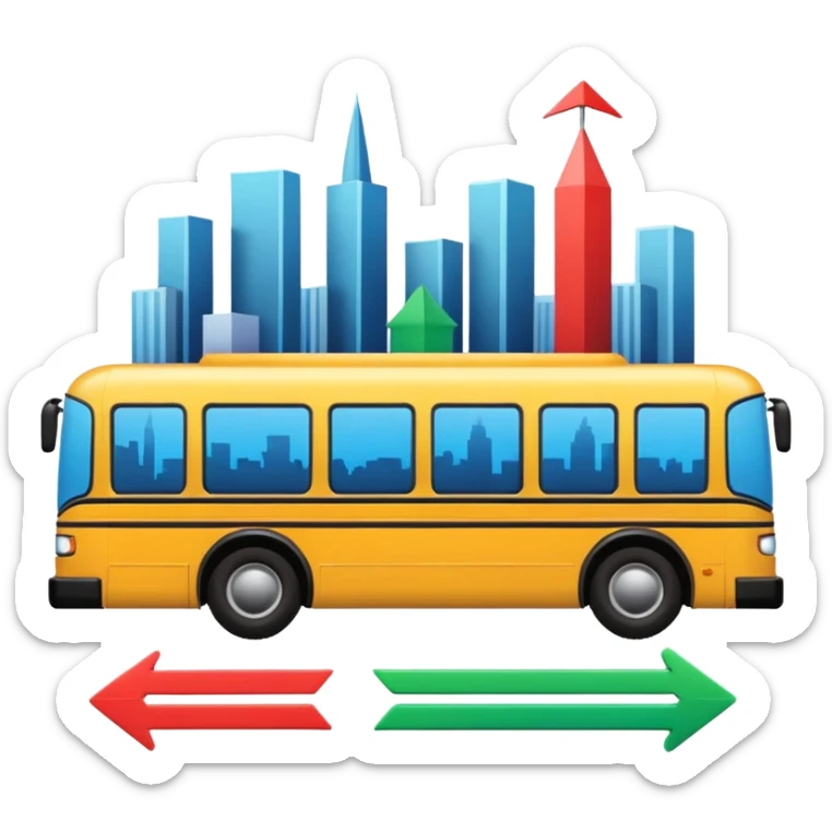 a sleek angled bus and three colorful arrows leading to city symbols, Apple emoji style sticker