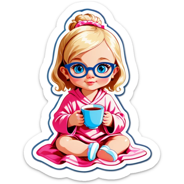Blonde baby blue eyes gold glasses cup of tea pink blanket sticker
