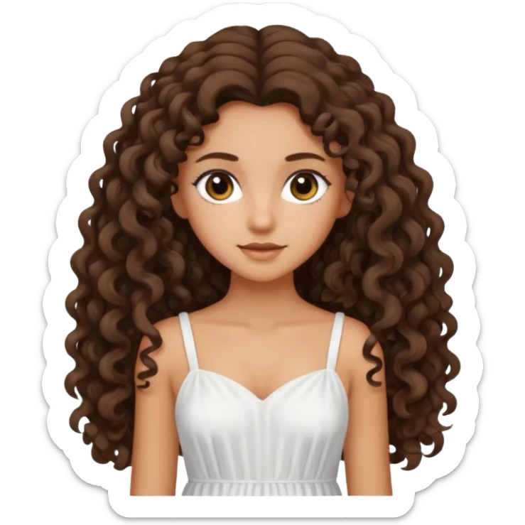 Light tanned skin girl with dark brown very long curly hair, dark eyes, white dress sticker