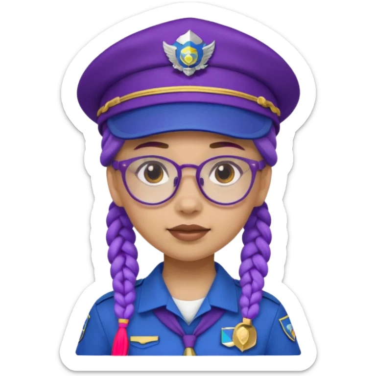 blue uniform wearing scout kid with purple braids and glassess with blue scout hat sticker