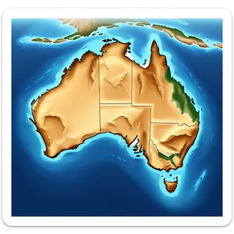 Cinematic-realistic outline of Australia, featuring its distinct landmass with accurately defined coastlines. The deep blue ocean surrounds the golden-brown continent, with subtle topographic shading to highlight its terrain. A soft glowing effect enhances the edges, making the shape stand out against a neutral, textured background. sticker