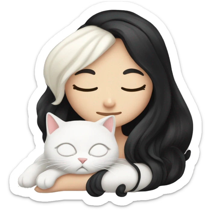 A pretty white girl with very long black hair and sleeping curled up to a white cat  sticker