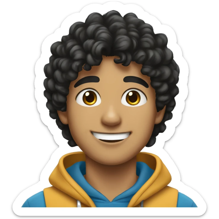 Cheerful Pakistani teenager with black curly hair. He's wearing a blue hoodie. sticker