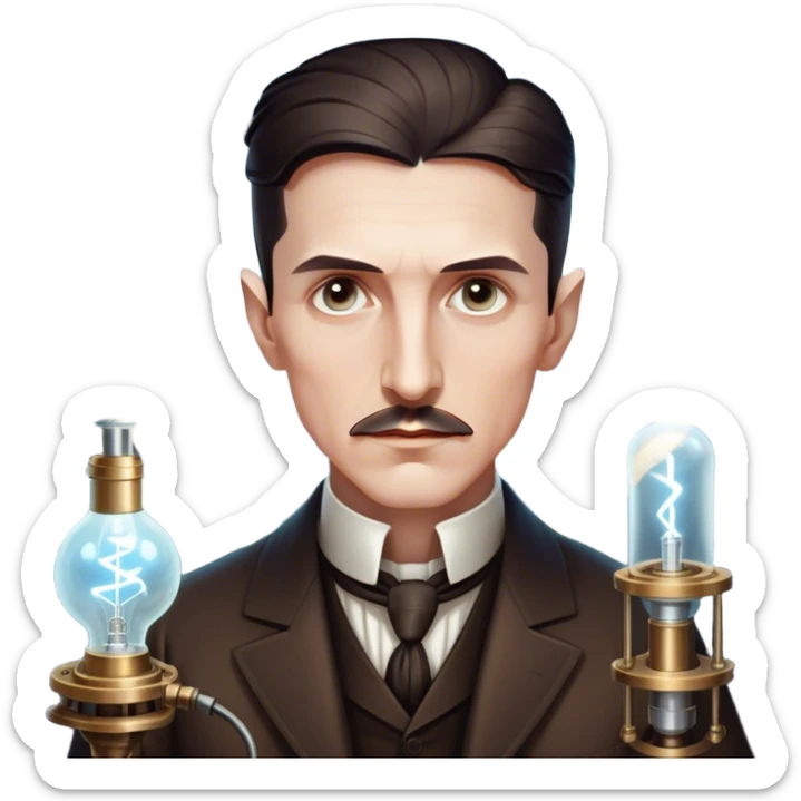 Nikola Tesla – Cinematic Realistic Portrait of Nikola Tesla, depicted as a visionary inventor with intense, thoughtful eyes and period attire, surrounded by subtle arcs of electric light and early laboratory apparatus, rendered with dramatic lighting that evokes mystery and innovation. sticker