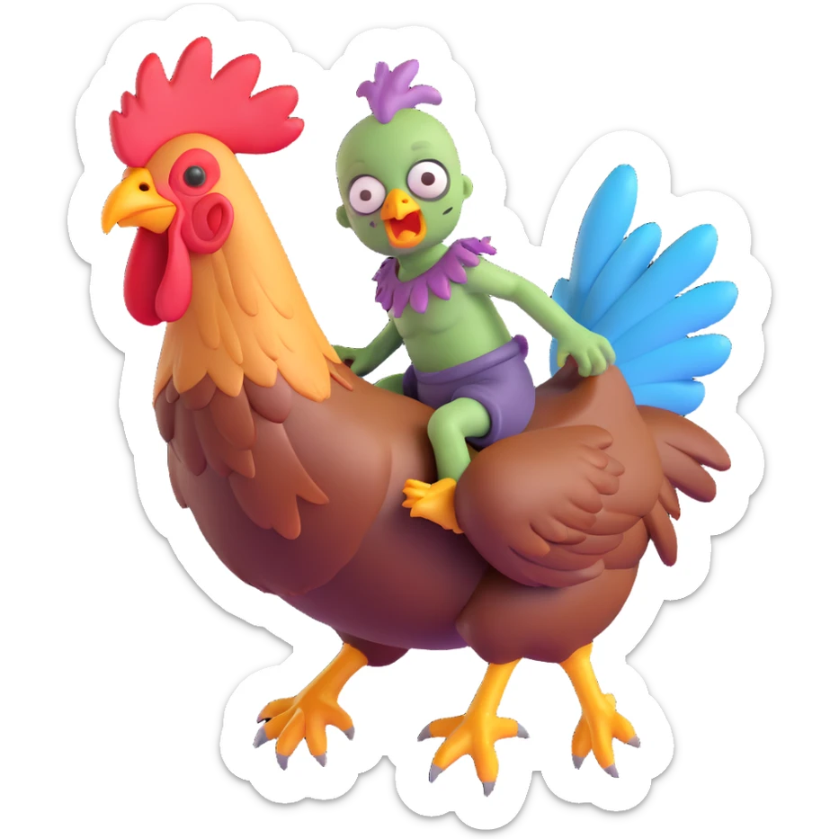 chicken jockey baby zombie riding a chicken detailed 3D rendering style dynamic pose vibrant colors dramatic lighting sticker