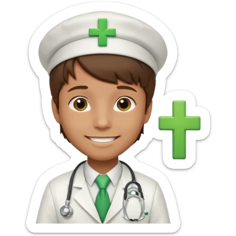 a doctor in white suit with a doctor hat with green cross brown hair boy sticker